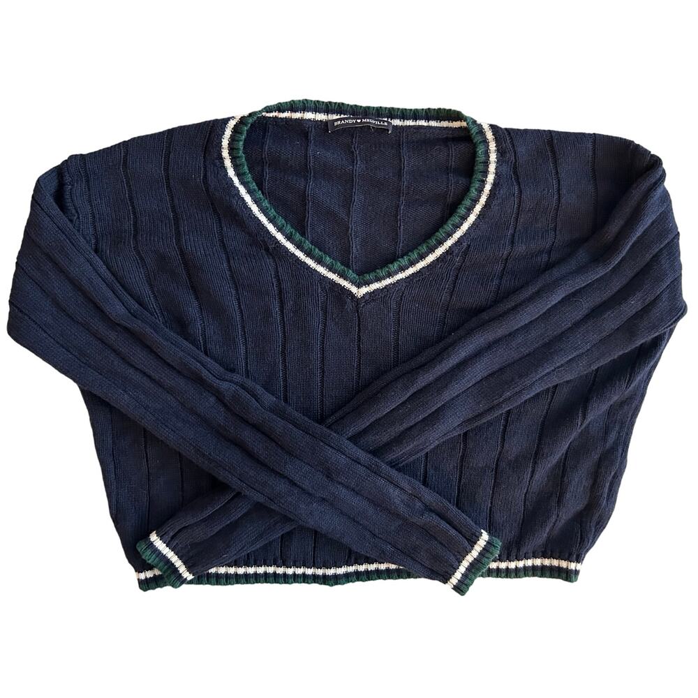 Brandy Melville Wool V Neck Varsity Nikki Sweater navy blue white green Womens